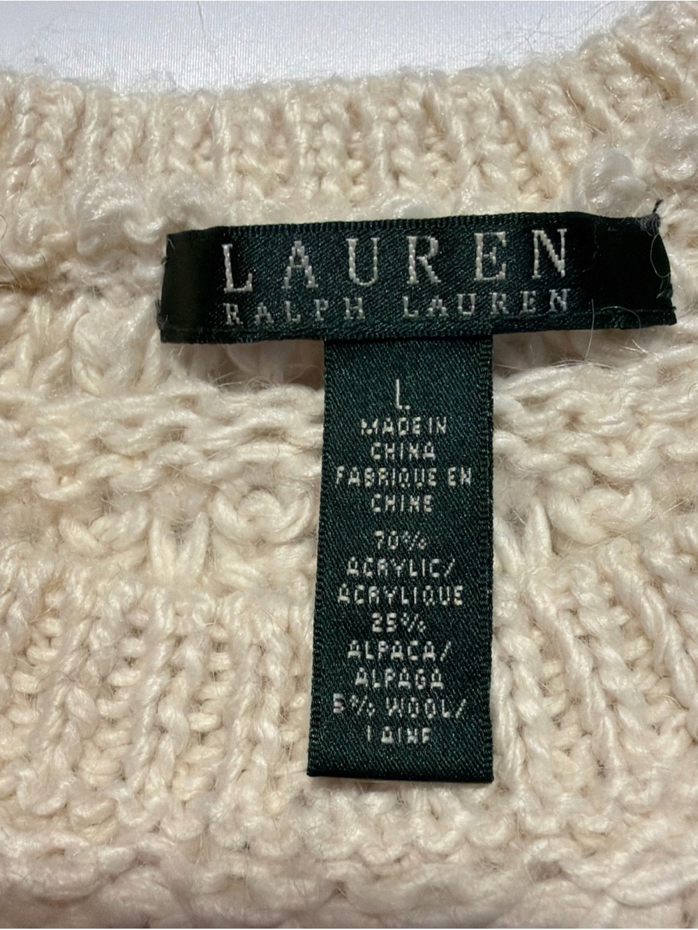 Lauren Ralph Lauren Beige Crochet Fair Isle Alpaca Wool Sheer Sweater Women Sz L - Picture 3 of 7